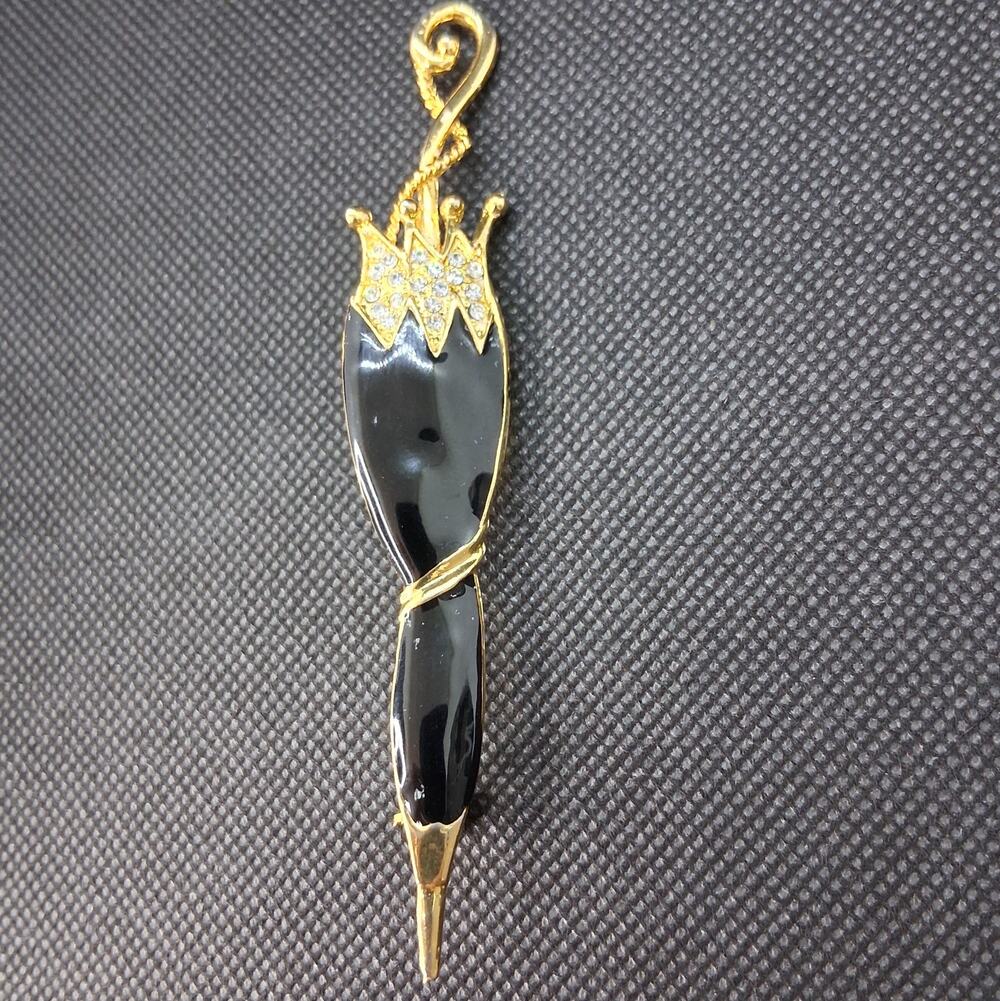 Umbrella Pin Brooch Gold Tone Black Clear Rhinestones‎